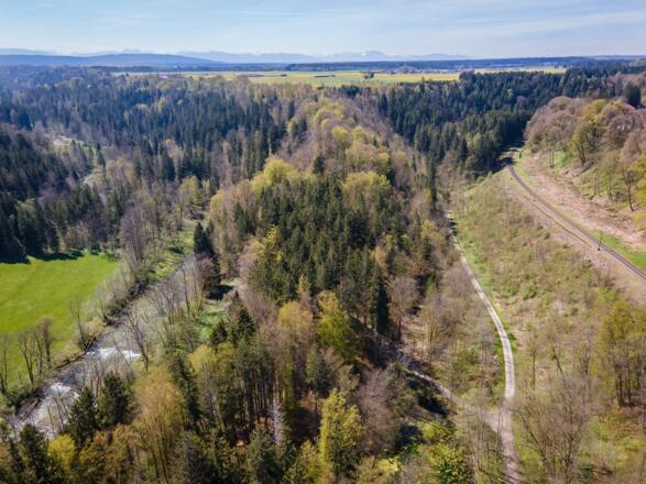 Wanderweg auf dem Bergrücken zwischen Mangfall und Bahngleisen