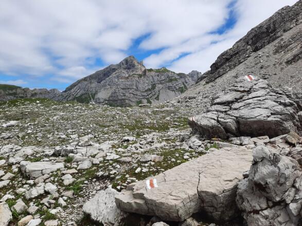 Auf dem Weg Richtung Alpe Laguz - die Rote Wand immer im Blick