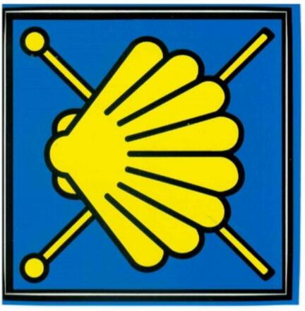 Der Jakobsweg Nürnberg-Ulm ist mit der stilisierten Jakobsmuschel mit gekreuzten Pilgerstäben markiert