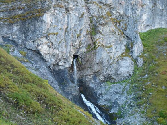 Direkt aus dem Berg tritt der Bach ans Tageslicht.
