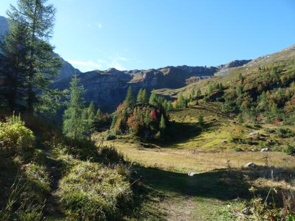Blick über den farbenreichen Obstanser Wiesenboden nach Süden.