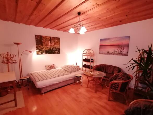 Wohnzimmer mit ausgezogener Schlafcouch