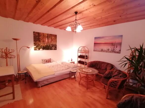 Wohnzimmer mit ausgezogener Schlafcouch