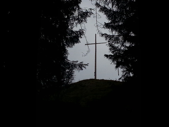 dann taucht durch die Bäume das Gipfelkreuz auf