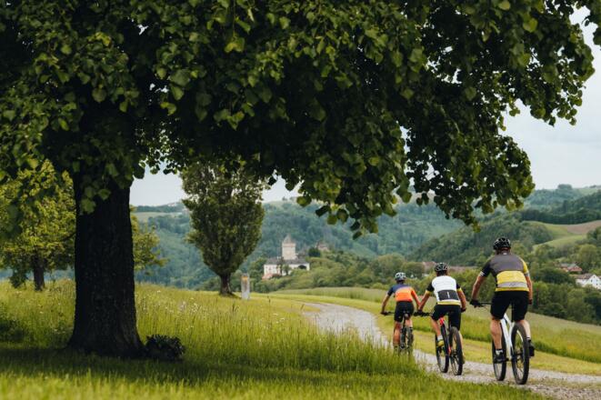 Mountainbiker fahren zum Schloss Neuhaus