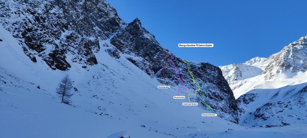 Übersichtstopo vom Burgschrofen mit den 4 Winterclimbs