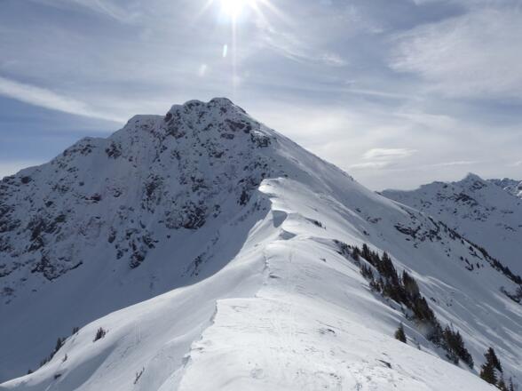 Der Rücken im Bereich des Bischofjoch ist erreicht. Nun geht es hinüber bis zum Beginn des steilen Nordrücken, über den man bei guten und sicheren Schneeverhältnissen mit Schiern aufsteigt.