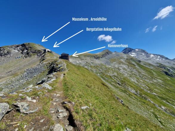 Blick hinauf zum Ausgangspunkt - Bergstation der Ankogelbahn, darüber die Arnoldhöhe.