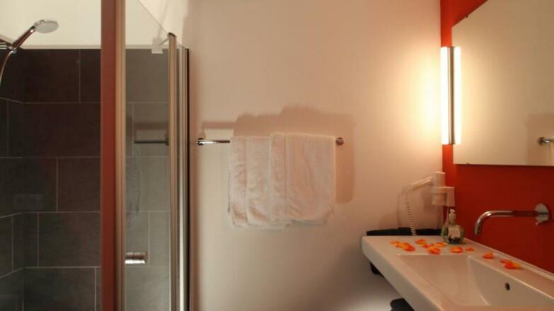 Bad mit Dusche und WC der Wohnung "Falken"