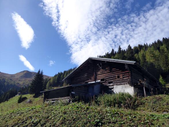 Die Harbachalm (1612 m) im Rückblick Richtung Toferer Scharte.