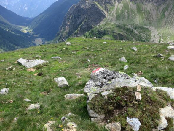 Beim Abstieg auf der Almweide ist der Weg nicht erkennbar. Genau auf die Markierungen achten!