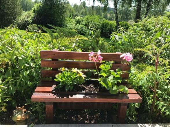 Gartenblick von Terrasse im Frühling