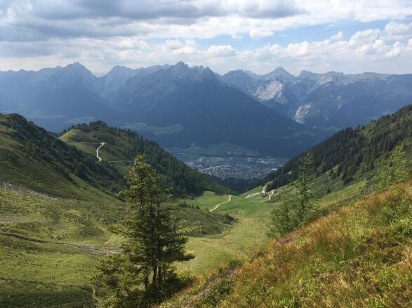 Schöner Blick hinunter zur Proxenalm und linkerhand zum steilen Güterweg zum Proxen Hochleger bzw. zur Alten Kellerjochhütte.