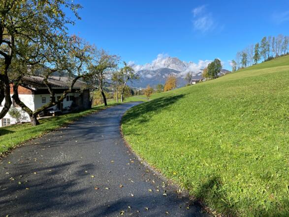 Mit Blick auf den Wilden Kaiser geht es im leichten Auf und Ab sonnseitig nach St. Johann i. Tirol zurück.