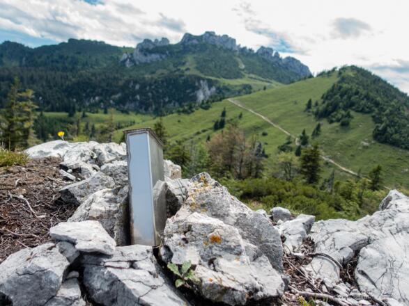 Gipfelbuch am Zwölferturm mit der Kampenwand im Hintergrund.