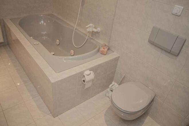 Bad mit Dusche und Whirlwanne in der Butschi-Suite Bad Goisern