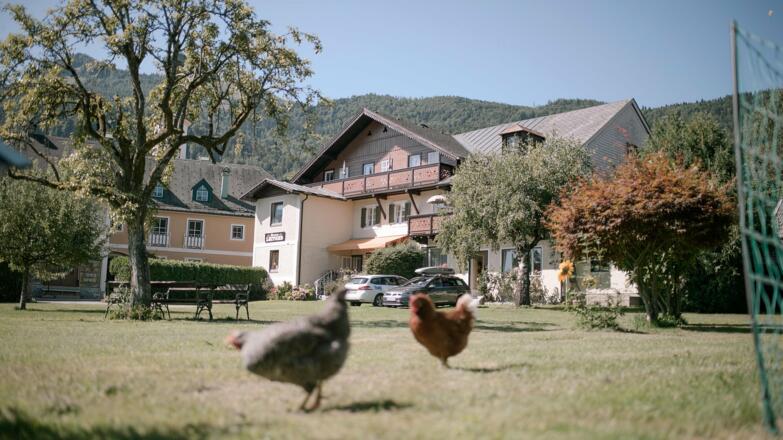 Haus Leitgeb Gartenansicht mit Huhn