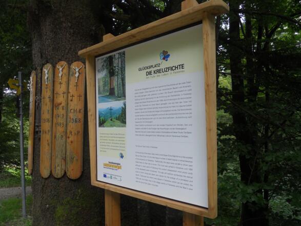 Die Schautafel erklärt die Geschichte von der Kreuzfichte