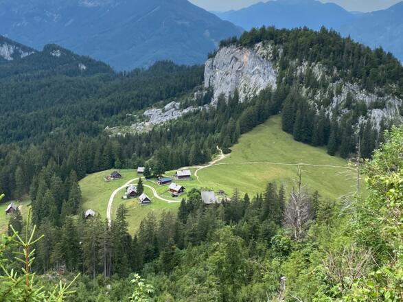 Blick hinunter auf die Hütteneckalm