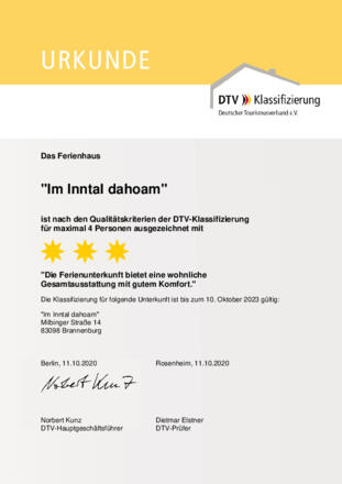 Klassifizierung des Ferienhauses "Im Inntal dahoam"