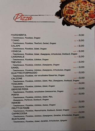 Speisekarte Pizzeria Melis Lounge Restaurant Sandl