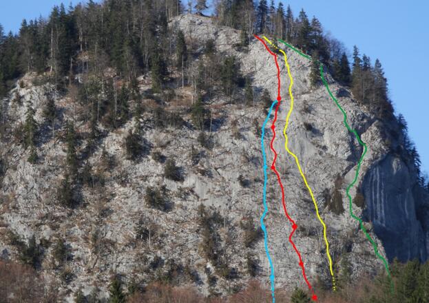 Plombergstein Übersicht -blau Edelweiss - rot Äskulap - gelb Flipperl - grün Juniperus