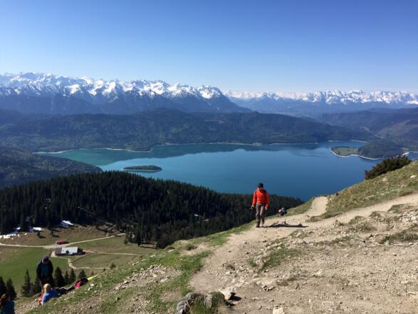 Auf dem Jochberg mit Blick zum Walchensee und links unten die Jocher Alm