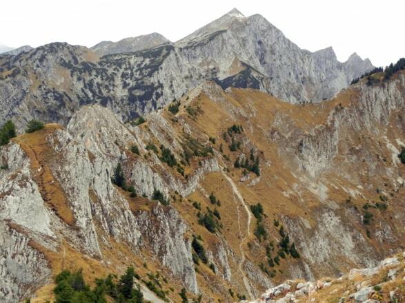 Blick zurück auf den Steig durch die Felsen zum Gipfel. Im Hintergrund die Ammergauer Hochplatte.