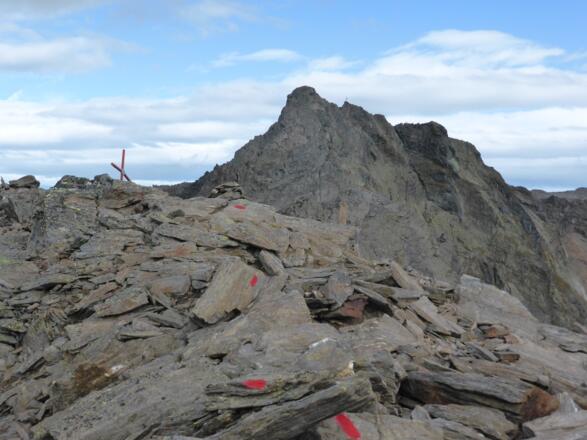 Gipfel Gleirscher Roßkogel mit Kreuz von Zwiselbacher Roßkogel hinten.