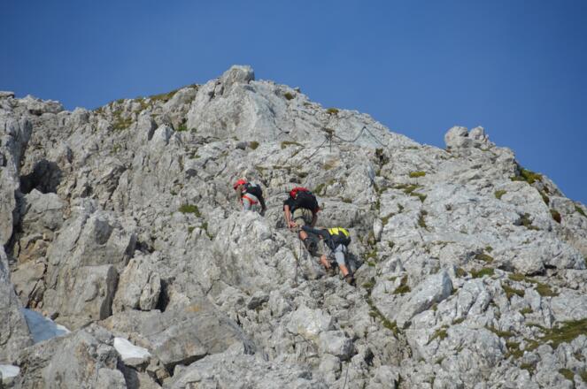 Fast geschafft: Kurz unterhalb des Hocheckgipfels in felsigem, aber sehr griffigem Gelände