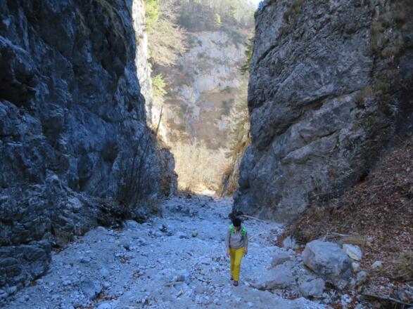 Die Klamm ist zur Schlucht geworden, weglos aber unschwierig und immer wieder Steigspuren.