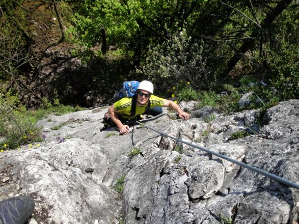 Die Henkelwand der ersten Seillänge von oben gesehen.