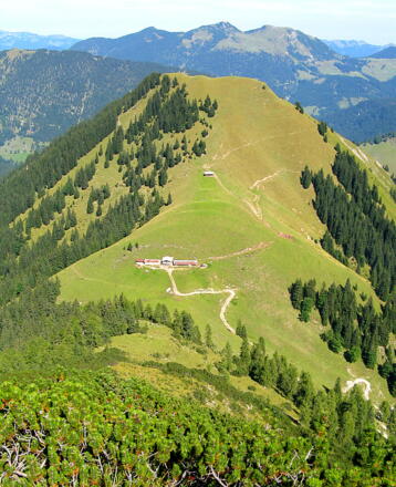 Rückbick vom Gratrücken zur Kuppelalm und darüber liegenden grünen "Kuppel, 1771 m"!