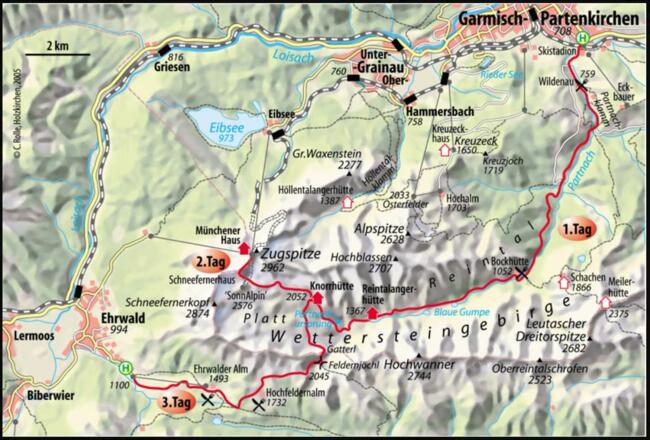 Die Zugspitztour - Übersicht über den Tourenverlauf dieser 3-Tages Tour