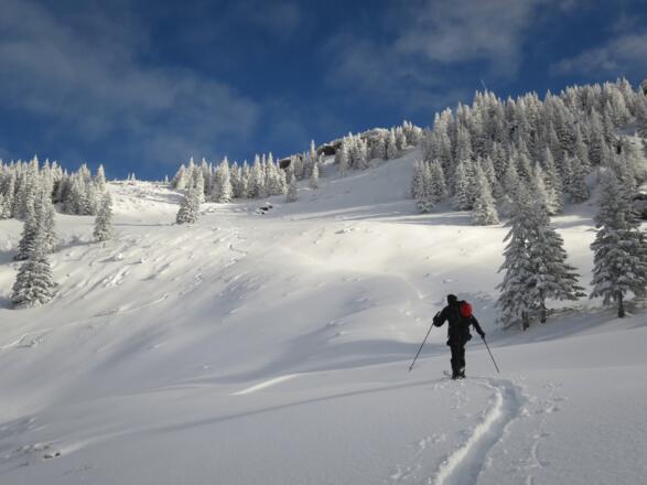 Bei der langen Querung nach links (NO) ist der Steilhang zu beachten, der rechts bis auf den Grat hochzieht.