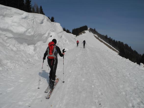 Sollte am Schlussgrat zum Gipfel wenig Schnee liegen, kann man diesen auf dem Winterwanderweg der Seilbahn links umgehen (3.3.2012)