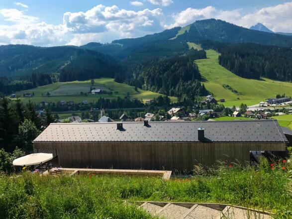 Ferienchalet im Sommer von hinten