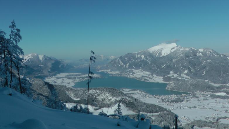 Der Wolfgangsee an einem eisigen Wintertag von Seehöhe 1300m aus gesehen. (28.1.2011)