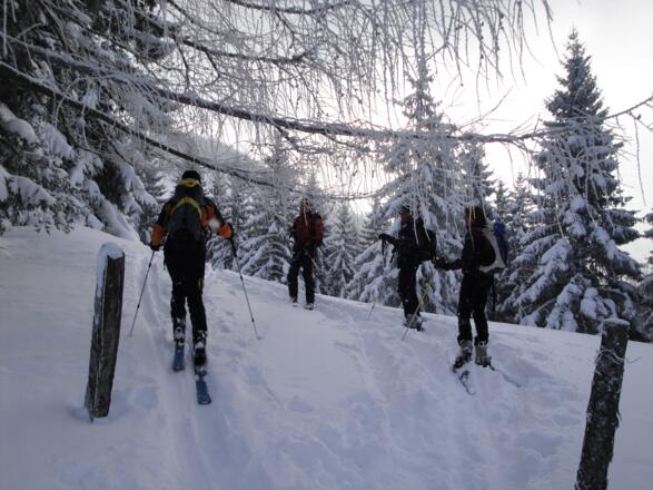 Nach dem weitläufigen Gelände der Mehlsackalm steigt man zu einem schwach ausgeprägten Sattel empor (18.12.2010)