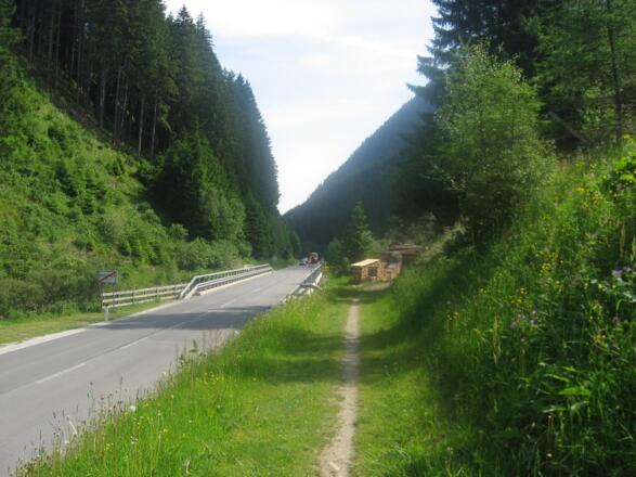 In Krößbach bleiben wir auf der rechten Fahrstraße und biegen dann nach rechts auf die Forststraße nach Schaller ab.
