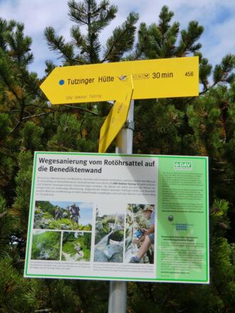 Wegweiser an der Benediktenwand - leichte Variante zur Tutzinger Hütte am Rotöhrsattel