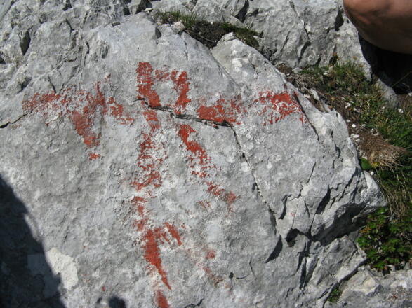 Der unscheinbare Abzweig auf ca. 2030 m in den sog. Schafsteig; &quot;R&quot; wie Riffelscharte!