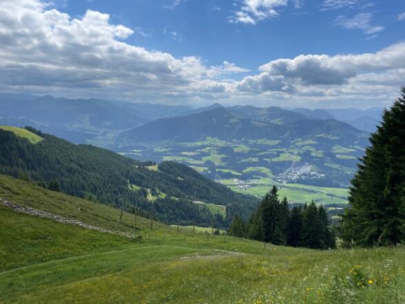Blick vom Harschbichl hinunter zum Steinbruch von Oberndorf. Links hinten ist das Brixental zu erkennen.