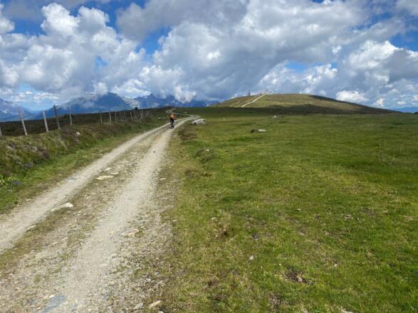 Zuletzt führt die Fahrt entlang eines Zaunes direkt zum Gipfelplateau des Rangger Köpfl.