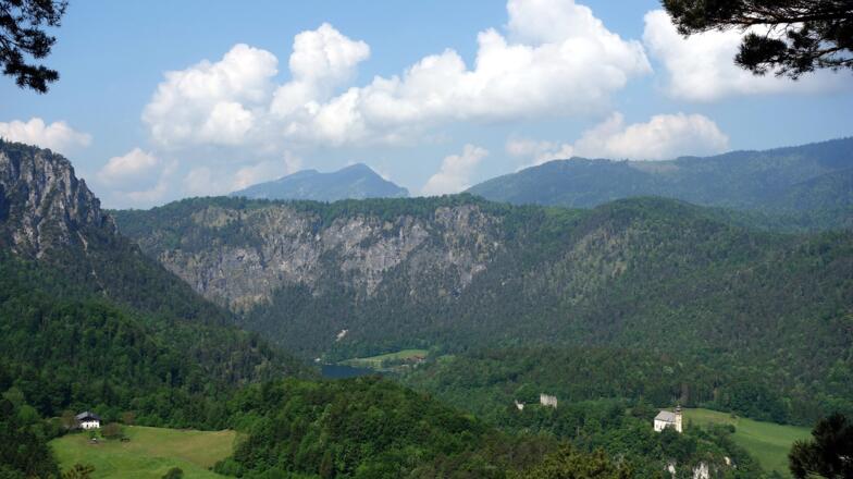 Blick über Ruine Karlstein zum Thumsee