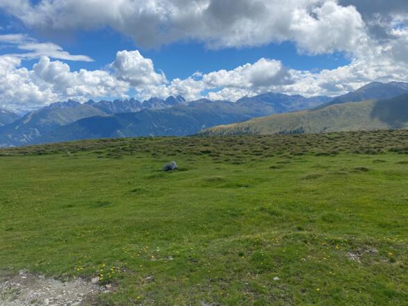 Vom 1939 m hohen Gipfelplateau genießt man herrliche Ausblicke, wie etwa zu den Kalkkögeln.