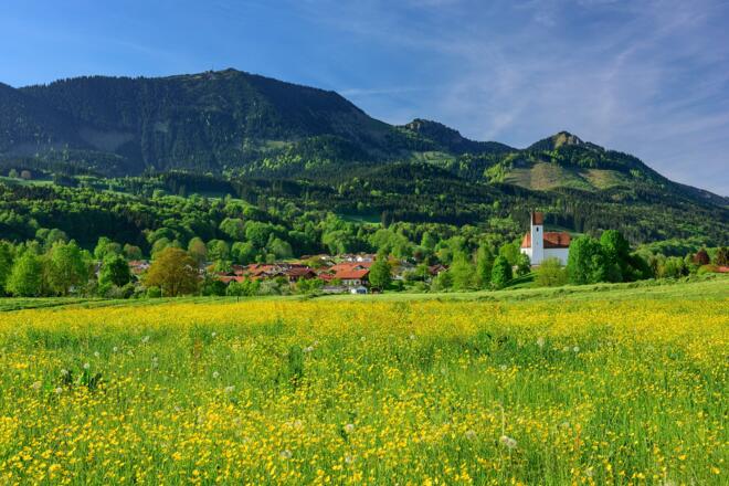 Die Hochries mit ihrer breiten Nordwestflanke und Grainbach im Vordergrund