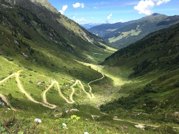 Schöner Tiefblick auf die zahlreichen Serpentinen sowie zur Grafennsalm und zum Gilfert.