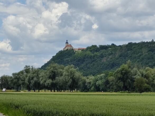 Blick auf die Wallfahrtkirche St. Maria Himmelfahrt am Bogenberg