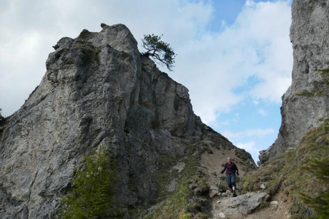 Der aussichtsreiche Höhenweg führt immer wieder an markanten Felsen vorbei.